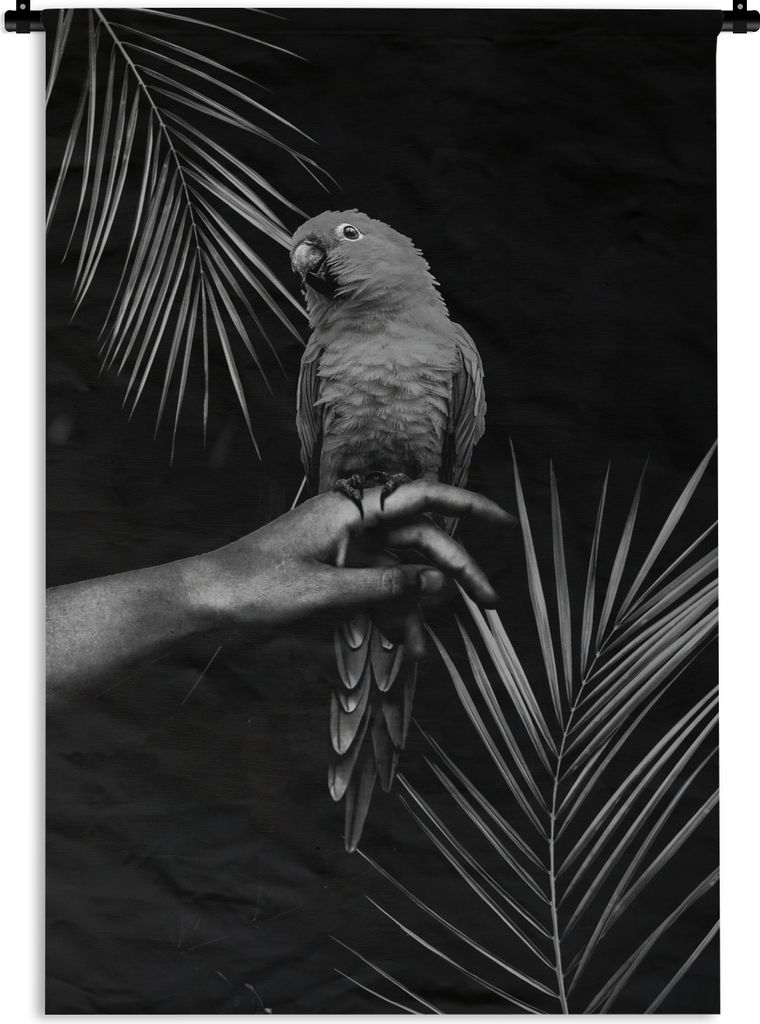 MuchoWow Wandteppich Wandbehang Vogel auf einer Hand und schwarzem Hintergrund - schwarz und weiß 90x135 cm Tapisserie Dekoration Wandtuch - Bau...