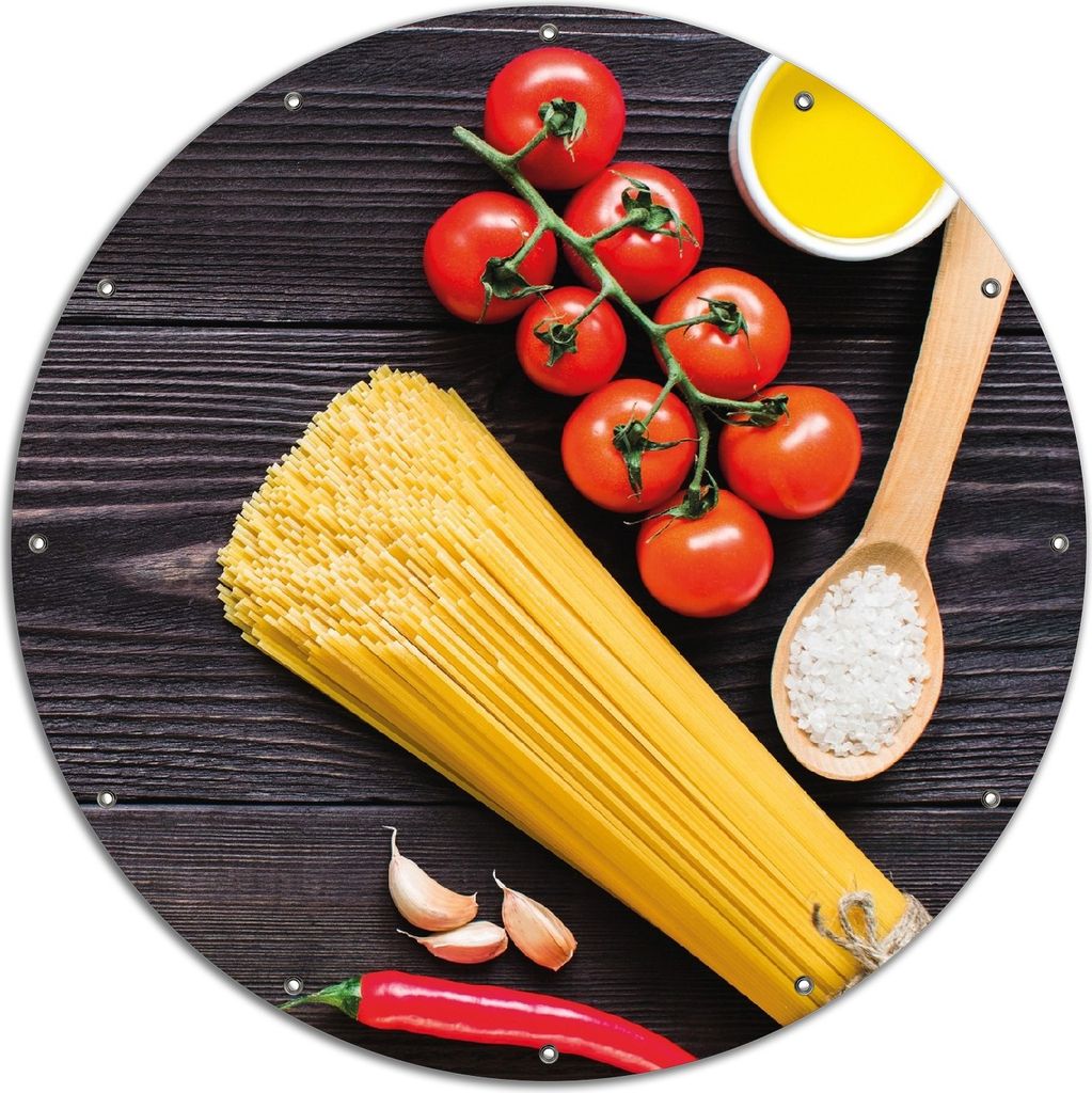 Wallario rundes Outdoor-Poster für Garten oder Balkon, Motiv Italienisches Menü mit Spaghetti, Tomaten, Salz und Chilischoten, 120 cm Durchmesser