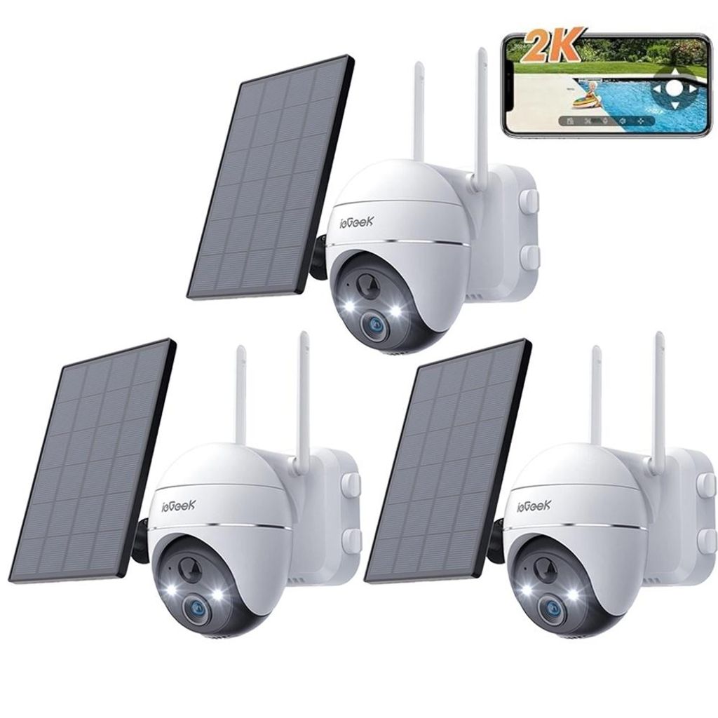 ieGeek 2K Überwachungskamera WLAN für den Außenbereich kabellos Solar 360 ° PTZ Solarkamera Akku 2,4 GHz Nachtsicht Farbe PIR-Erkennung Cloud 3PC