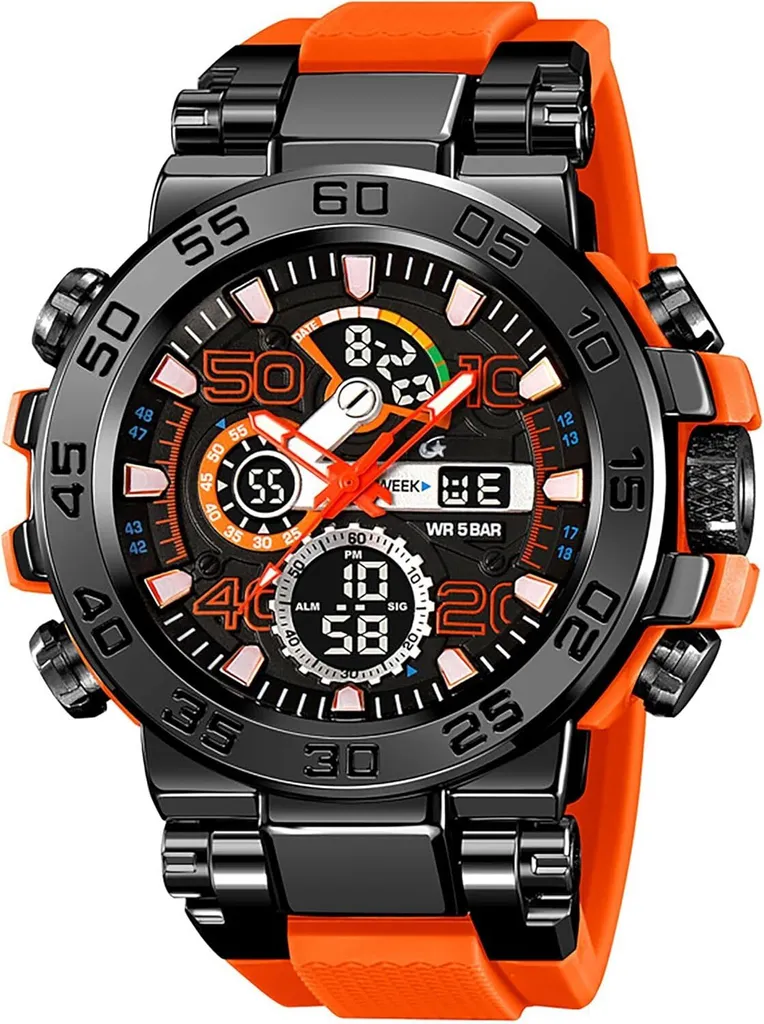 Cool Colourful Uomo 5ATM impermeabile orologio digitale con doppio tempo 12/24H Display LED Data Cronometro Grande orologio da uomo Cool Military Design