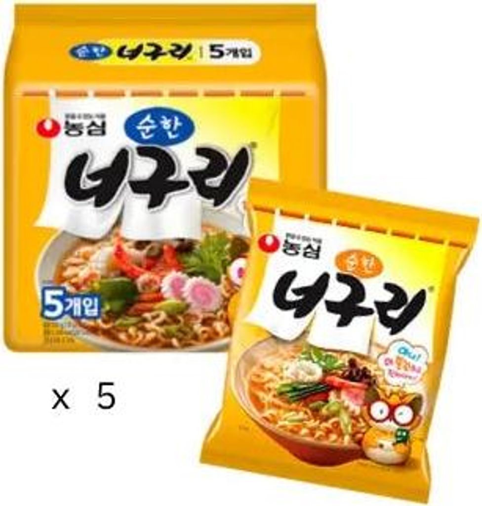 A pack of Nong Shim Neoguri seafood mild ramen noodles, with one individual packet shown in the foreground.