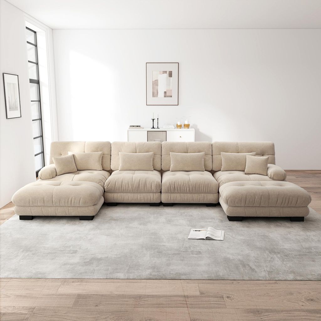 Modulares Ecksofa, U-förmiges Couch Set für Wohnzimmer, 4-Sitzer Komfortable Cloud Couches mit beweglichem Ottoman, DIY-Kombination, Chenille, He...