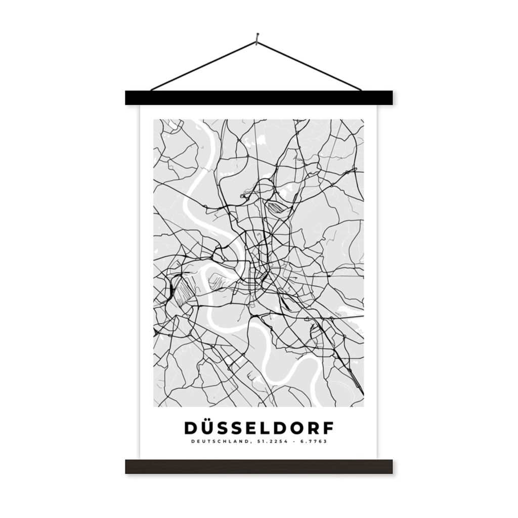 MuchoWow Textilposter Deutschland - Stadtplan - Düsseldorf - Karte 60x90 cm mit schwarzem Rahmen - Poster Wohnzimmer