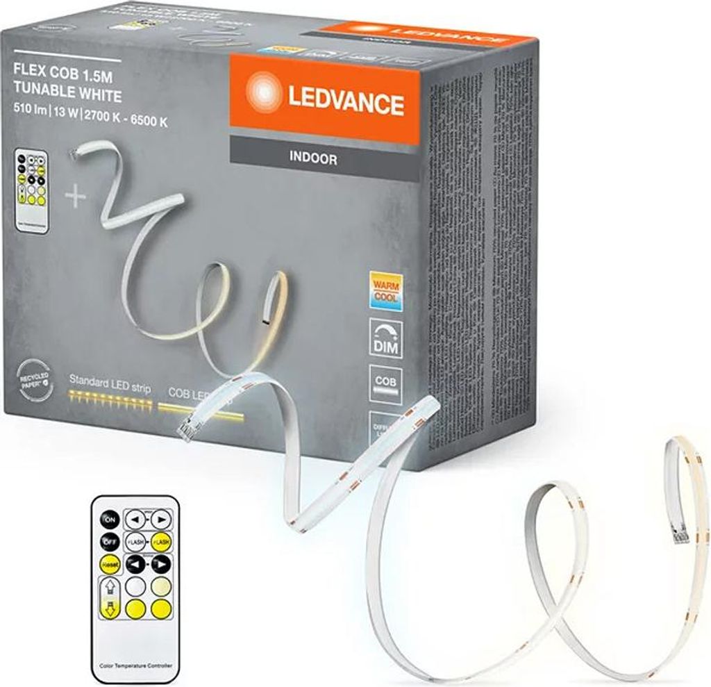 The image shows the packaging of an LED strip light product, with the product itself partially uncoiled and displayed in front of the box. A remote control is also shown.