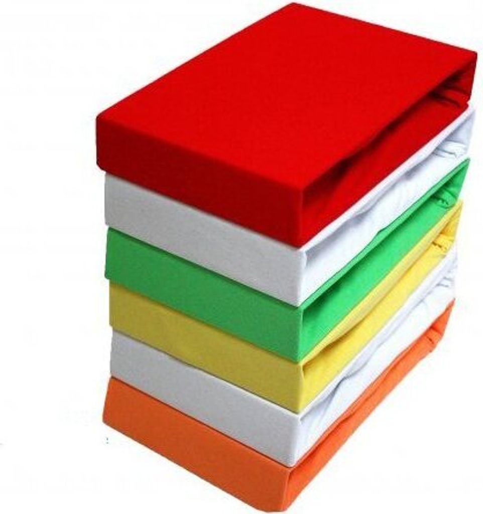 A stack of colorful fitted sheets.
