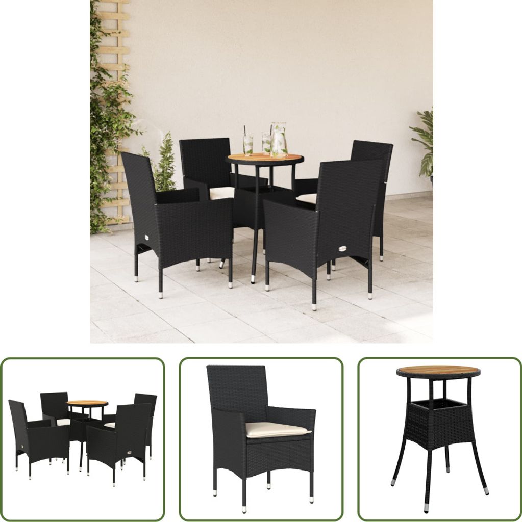 The Living Store 5-tlg. Garten-Essgruppe mit Kissen Schwarz Poly Rattan Akazie