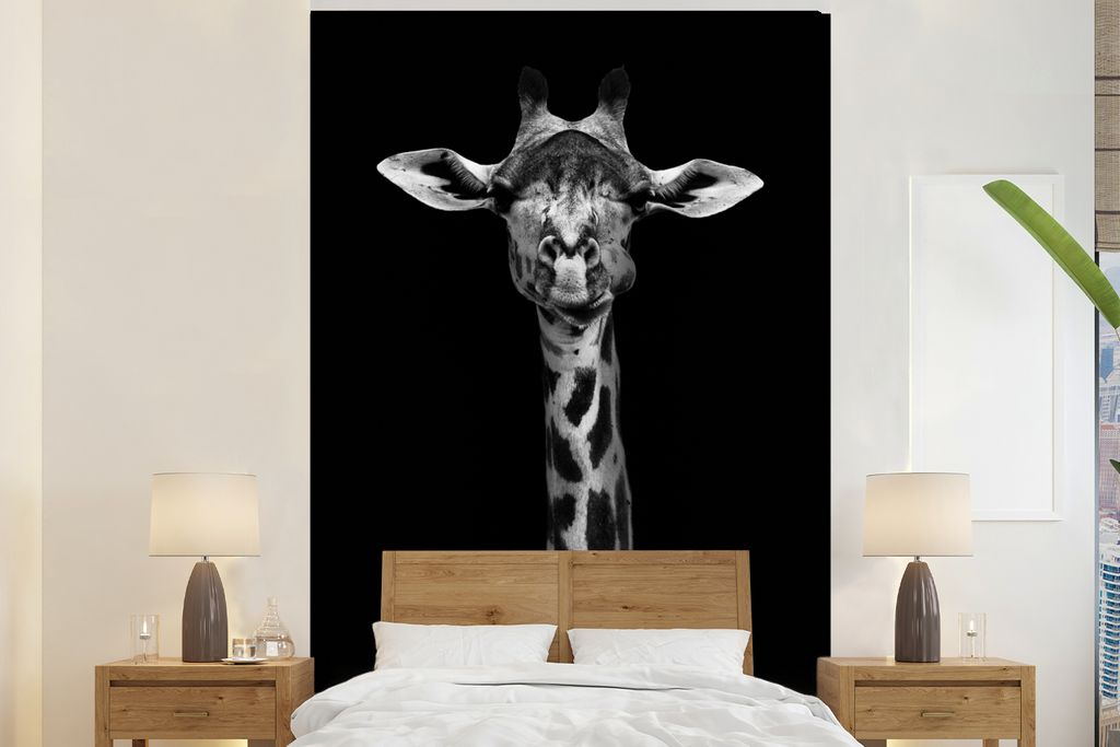 MuchoWow Fototapete für Wohnzimmer oder Schlafzimmer Wandtapete Vinyl Motivtapete Giraffe - Tiere - Porträt - Schwarz - 200x300 cm - Wanddekora...