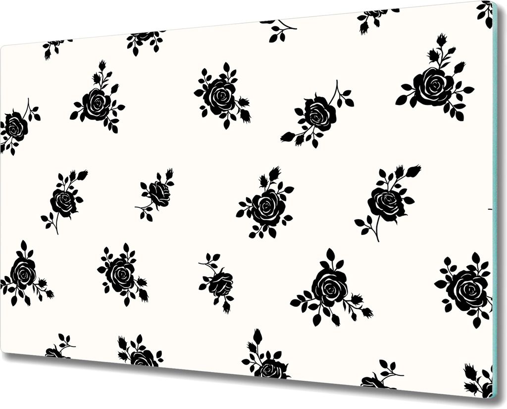 Glas-Herdabdeckplatte Glaskeramikkochfeld-Abdeckung Spritzschutz - 80x52 cm - Rosen weiß schwarz
