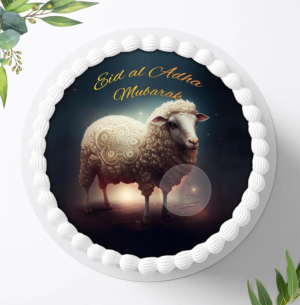 Für die Geburtstags Torte ein Tortenaufleger, Zuckerbild mit dem Motiv: Eid al Adha Mubarak,Ramadan , Essbares Foto für Torten, Fondant, Ø 20cm,...