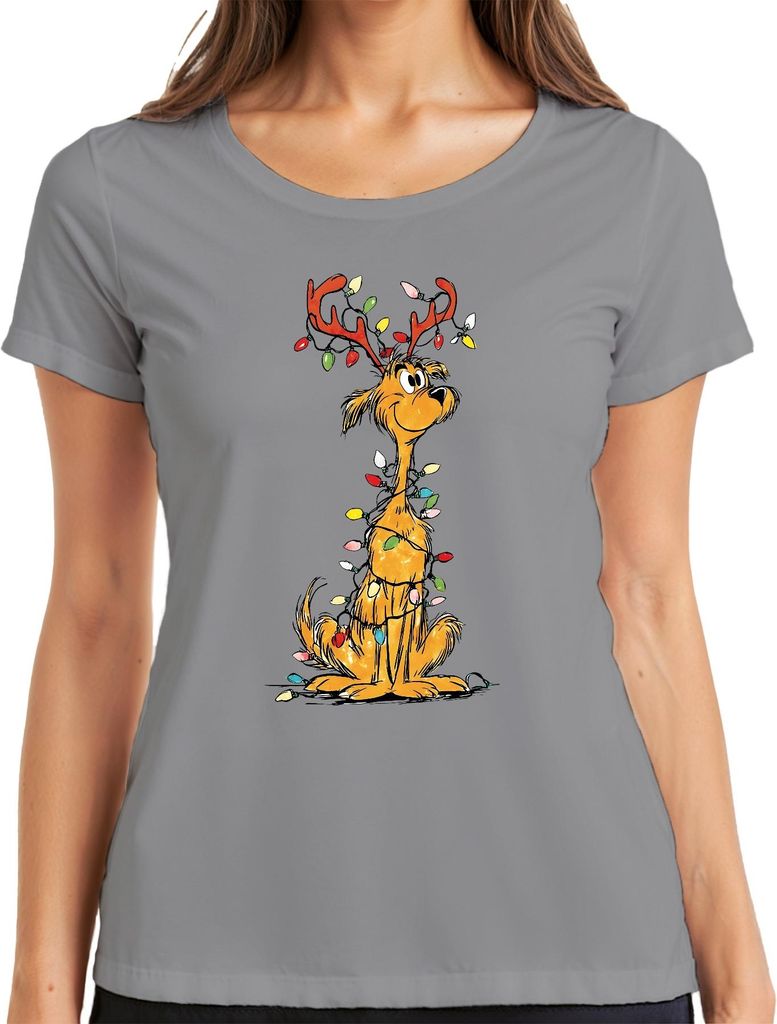 Weihnachtshund Rentier Lichterkette Lustig Geschenk Familie Retro Damen T-Shirt, Grau, M