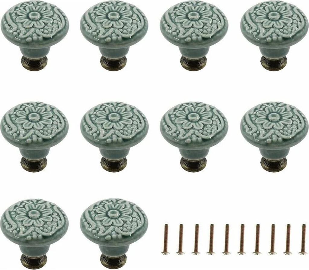 10 Stück dekorative Keramik-Schubladenknöpfe (grün) für Schränke, Kommoden, Regale, Griffe, Möbel, dekoratives Ziehwerkzeug mit Befestigungss...