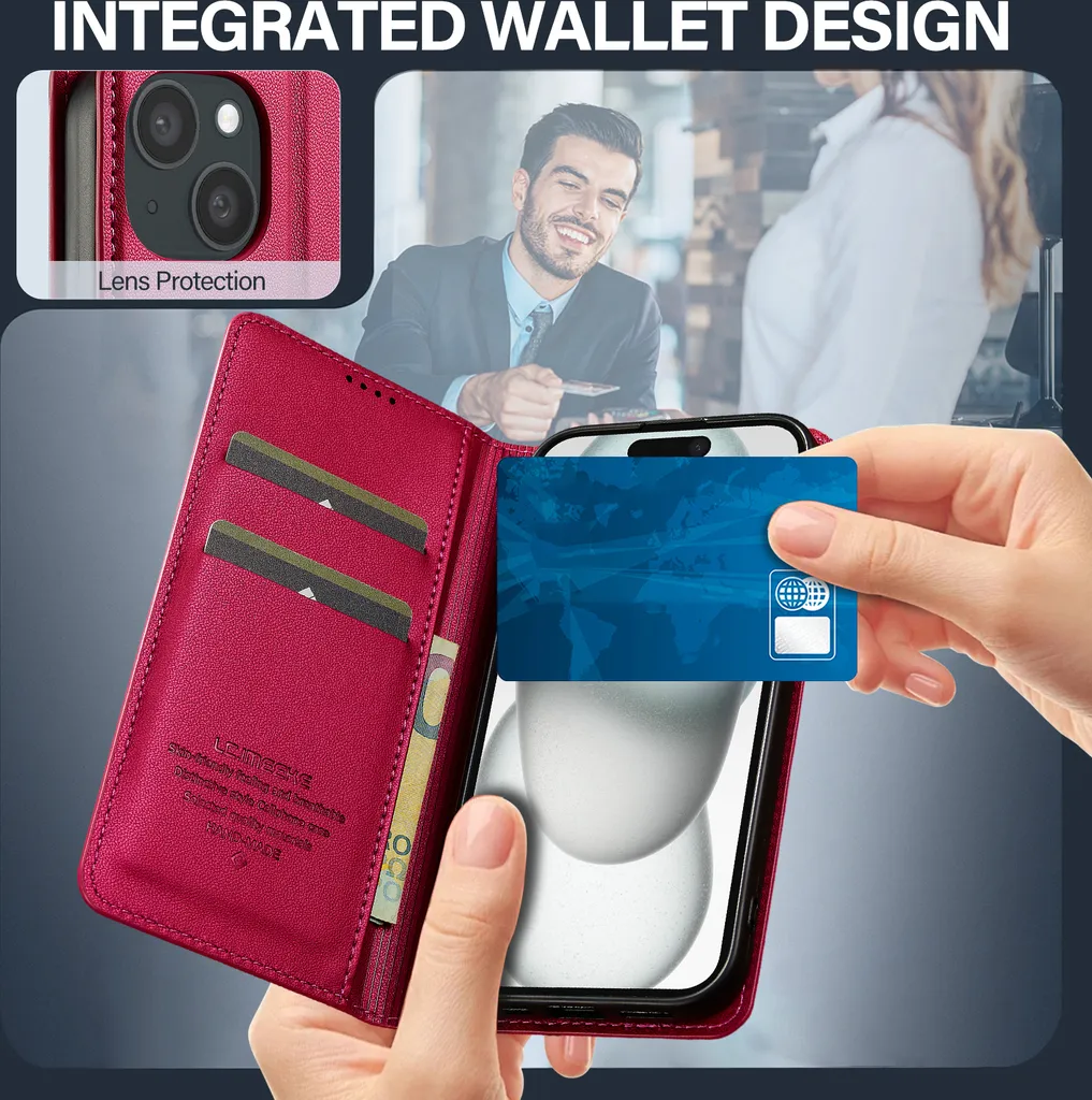 Custodia iPhone 15 Pelle Rossa Magnetica Flip - Protezione Elegante - 5