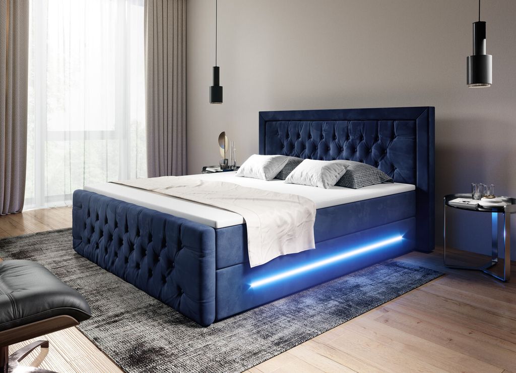Moebelfest Boxspringbett 160x200 cm mit Blau LED-Beleuchtung: Polsterbett mit 2 Bettkästen, 2 Taschenfederkernmatratzen 7 Zonen, Topper sowie Kopf...