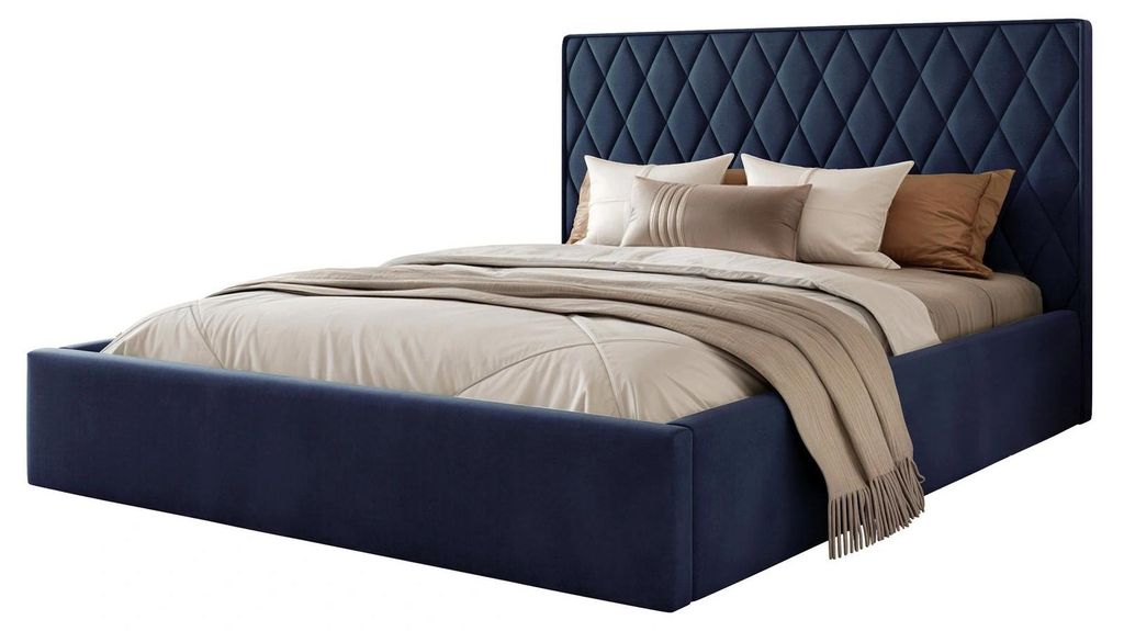 Polsterbett PONTI 160x200 Dunkelblau Samtstoff mit Bettkasten & Lattenrost Kompakt
