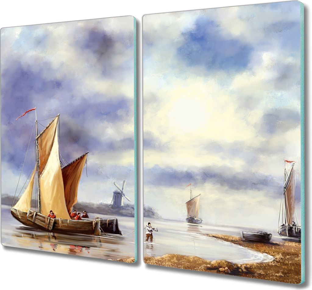 Coloray Hackbrett Herdabdeckplatte 2x30x52 cm Küchenbrett Kochplattenabdeckung Schneidebrett – Gemälde das Schiff Fischer