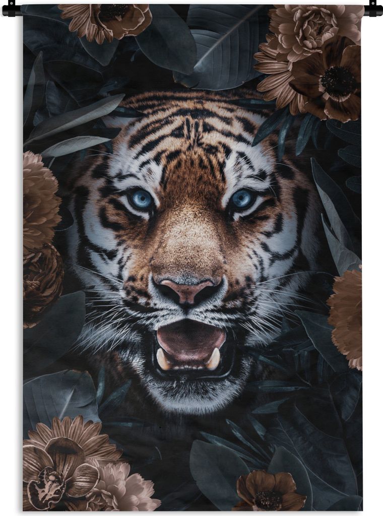 MuchoWow Wandteppich Wandbehang Porträt - Tiger - Blumen 90x135 cm Tapisserie Dekoration Wandtuch - Baumwolle - Wandskulptur