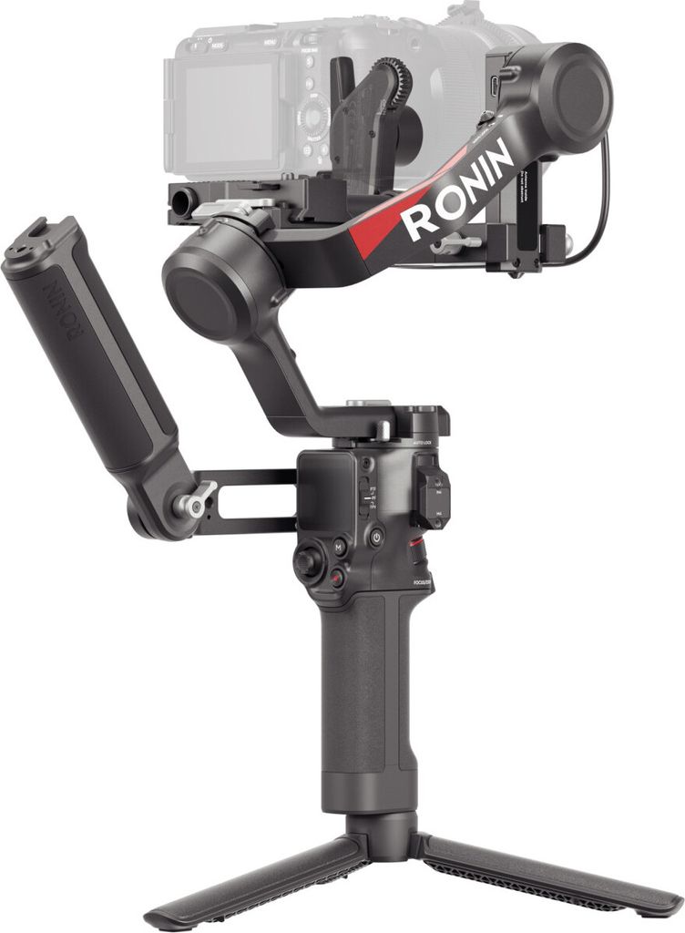 A DJI RS 4 Combo camera stabilizer with a camera mounted on it, shown against a white background.