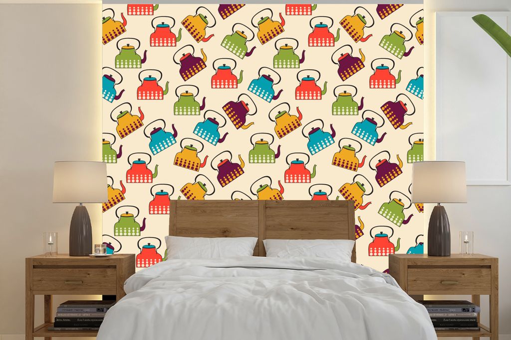 MuchoWow Fototapete für Wohnzimmer oder Schlafzimmer Wandtapete Vinyl Motivtapete Design - Retro - Teekanne - Farben - 240x240 cm - Schlafzimmer...