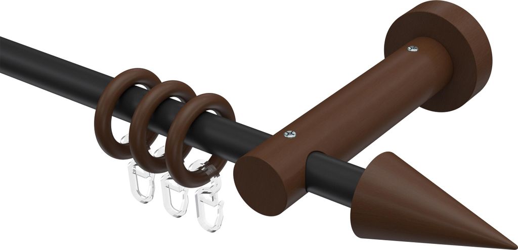 Interdeco Gardinenstange / Vorhangstange Schwarz / Nussbaum lackiert, Typ Adrian Holly (Kegel), 16 mm Ø 1-läufig, 320 cm