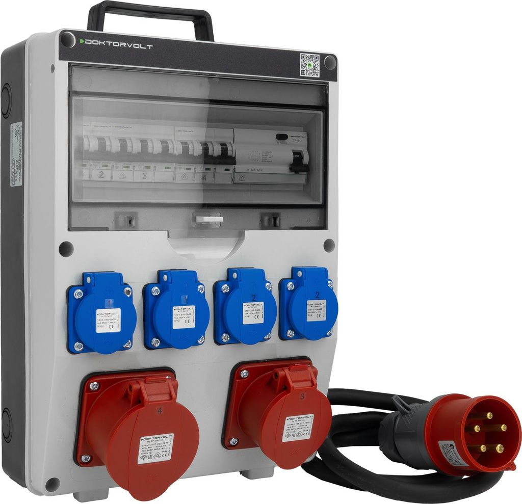 Baustromverteiler 16A 32A CEE 4x230V mit Stecker und Kabel TGD-S/FI Stromverteiler Wandverteiler mit VDE Sicherungen Doktorvolt DV-6043-D
