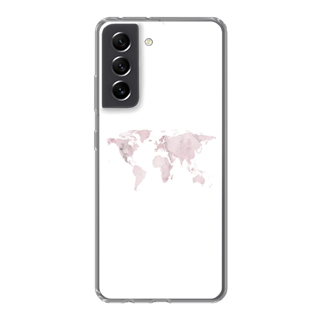 MuchoWow Handyhülle Schutzhülle Hülle für Samsung Galaxy S21 FE Weltkarte - Marmor - Rosa Silikon Softcase Handy Hülle - Mobiltelefonhülle