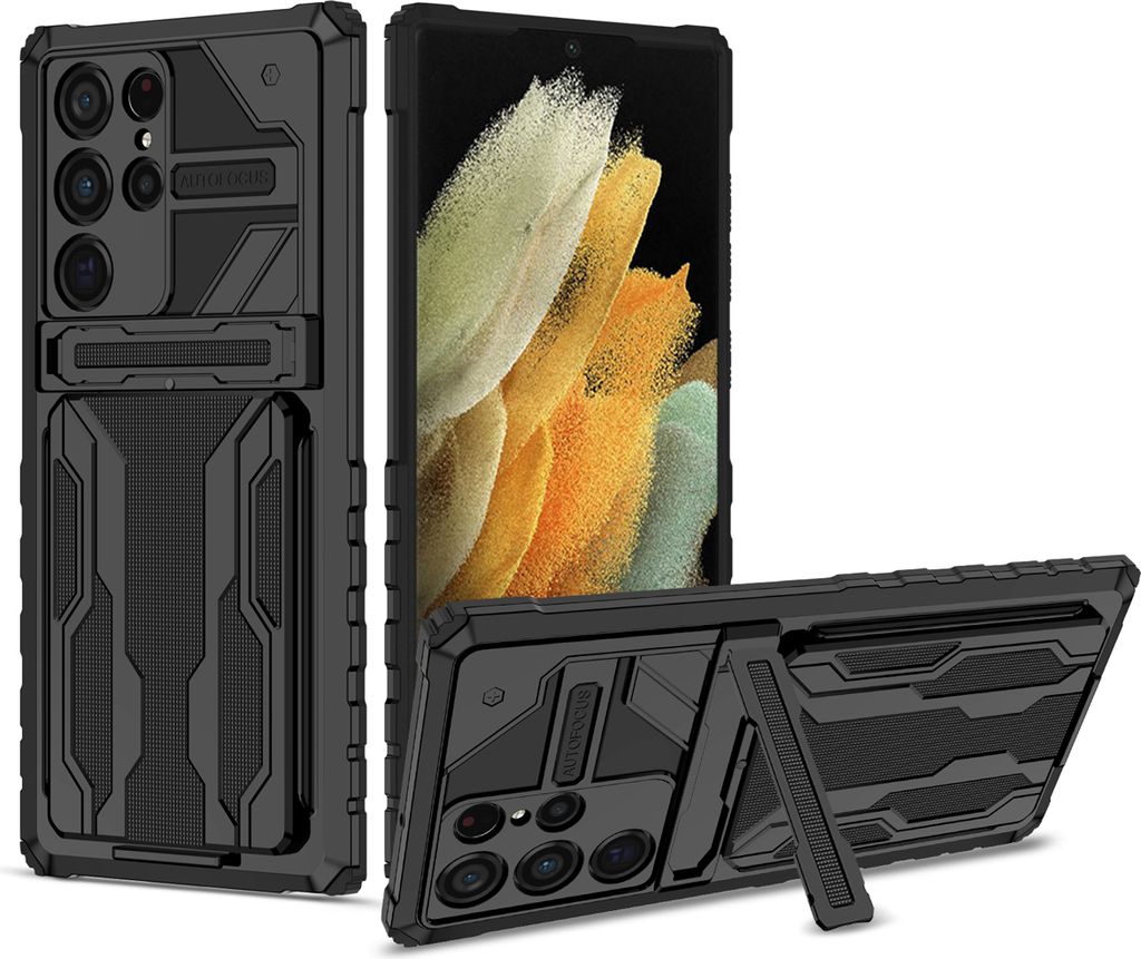 Galaxy S22 Ultra 5G Hülle, Hybrid Robust Schutz Stoßfest Schutzhülle mit Kartenhalter Ständer für Samsung Galaxy S22 Ultra 5G Schwarz