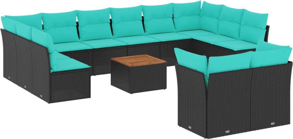 13-tlg. Garten-Sofagarnitur mit Kissen Schwarz Poly Rattan