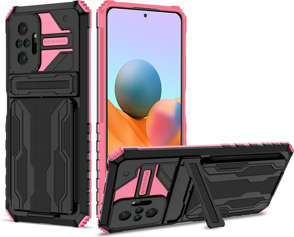 Redmi Note 10 Pro Hülle, Hybrid Robust Schutz Stoßfest Schutzhülle mit Kartenhalter Ständer für Xiaomi Redmi Note 10 Pro / Note 10 Pro Max Rosa