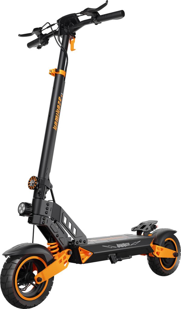 A black and orange electric scooter is shown against a white background.