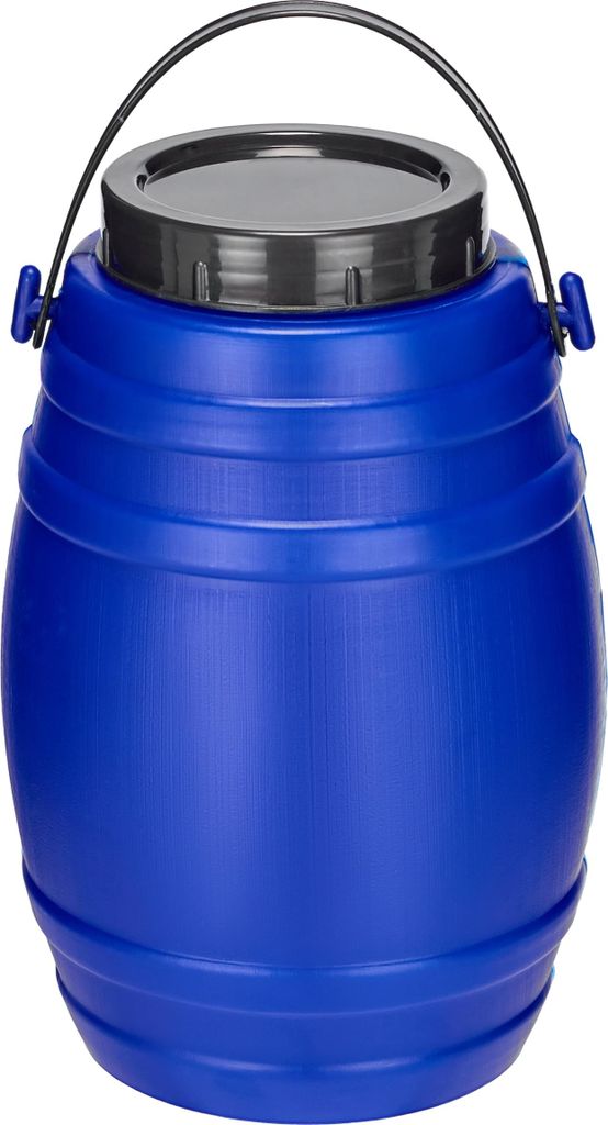 A blue plastic barrel with a black lid and a black handle is shown against a white background.