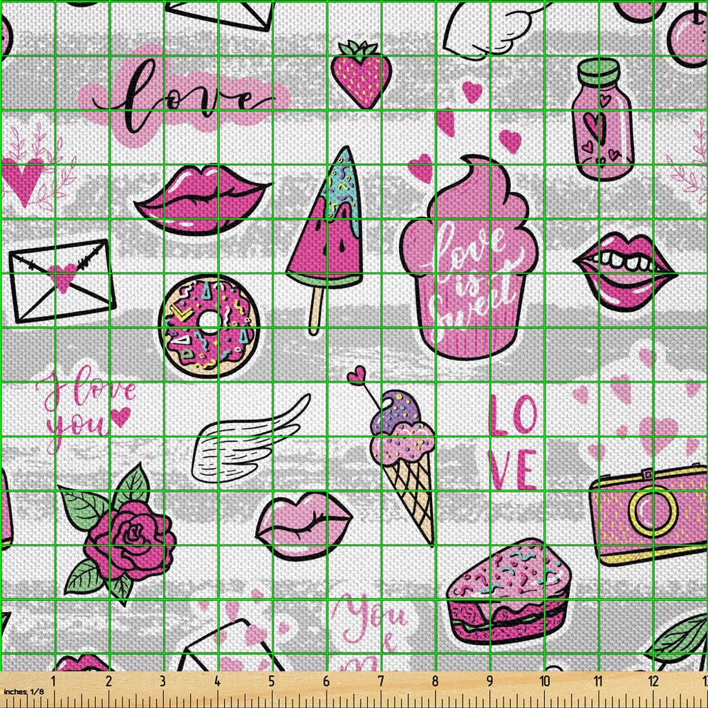 ABAKUHAUS emoji Satin Stoff als Meterware, Memphis-Art-Gekritzel-Lippenstern-Erdbeersprache-Blase auf Streifen-Muster, 2 M (148 x 200 cm), Magenta ...
