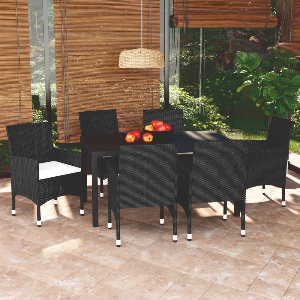 "Rabatt" 7-tlg. Garten-Essgruppe - mit tishe & Stuhl - mit Kissen Poly Rattan Schwarz - Lounge-Dining set CC3381