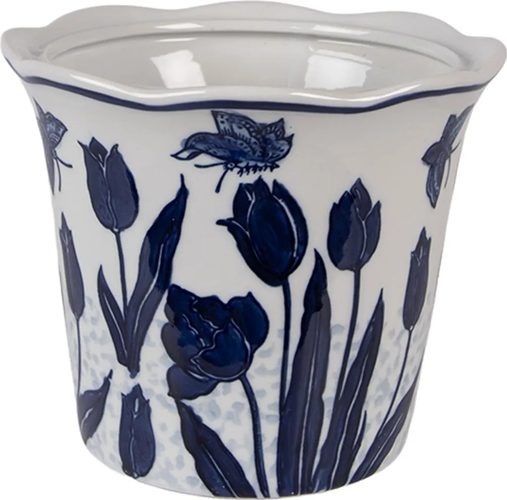 Pot de fleurs céramique blanche à motifs bleus Ø 21 cm style vintage chic