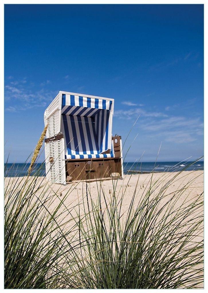 Wallario Premium Glasbild, freischwebende Optik, kräftige Farben, Größe 100 x 70 cm Motiv Strandkorb