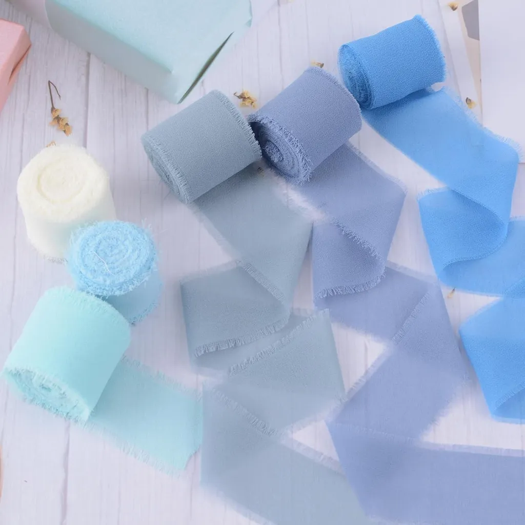 Rubans de soie bleue effilochés à la main lot de 6 pour bouquet mariée