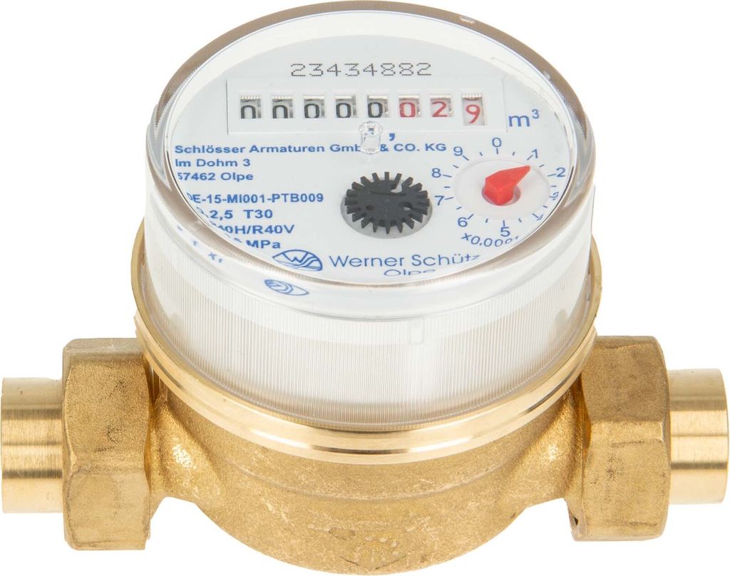 Einstrahlzähler ETK Kombi-Set (Kaltwasser) bis 30 Grad Länge 80 mm, inkl. Verschraubungen mit 15 mm Lötmuffe