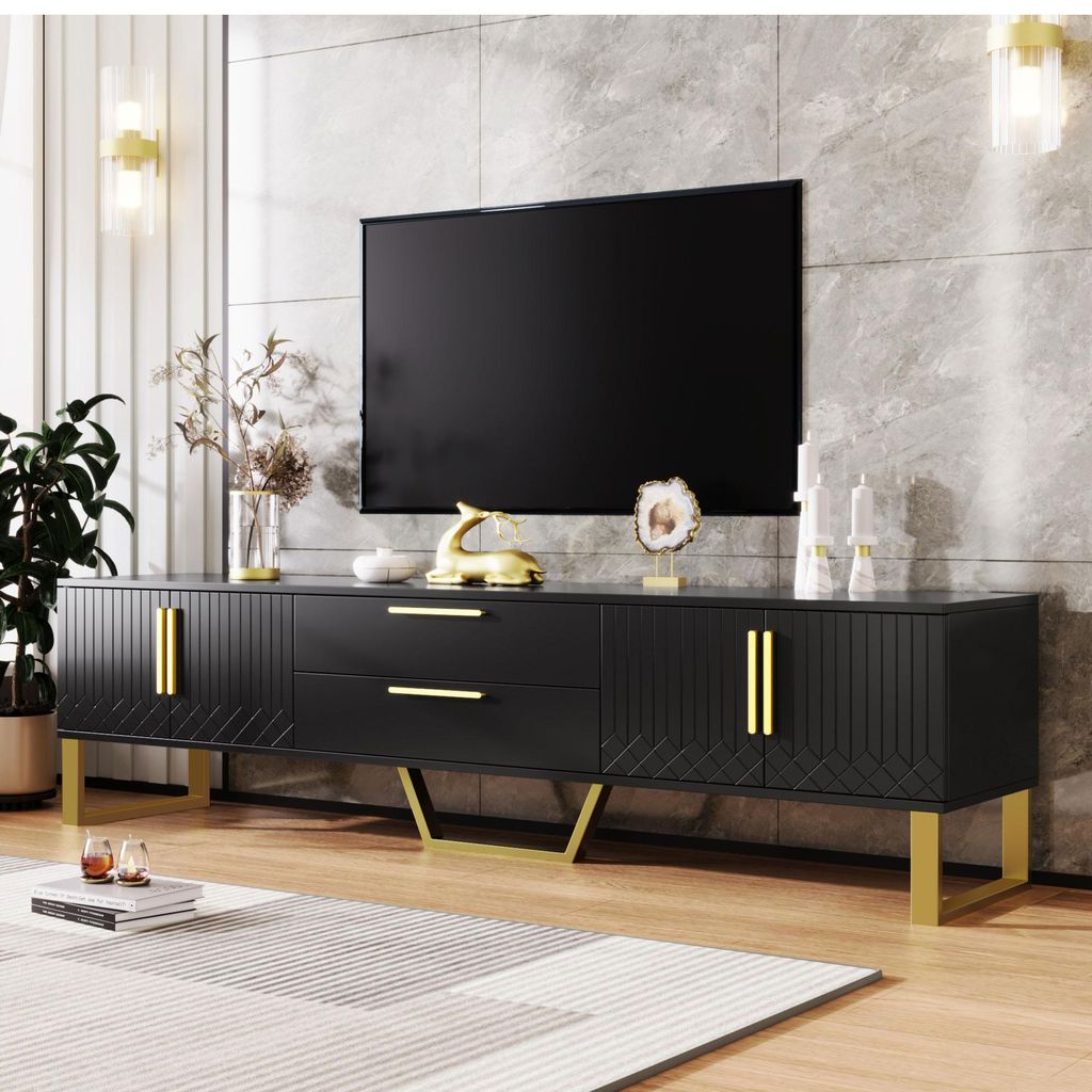Merax TV-Schrank mit 2 Schubladen und 4 Türen, TV Lowboard hochglanz Fernsehtisch mit goldenen Sockel, TV-Board 170x40x53cm, Schwarz
