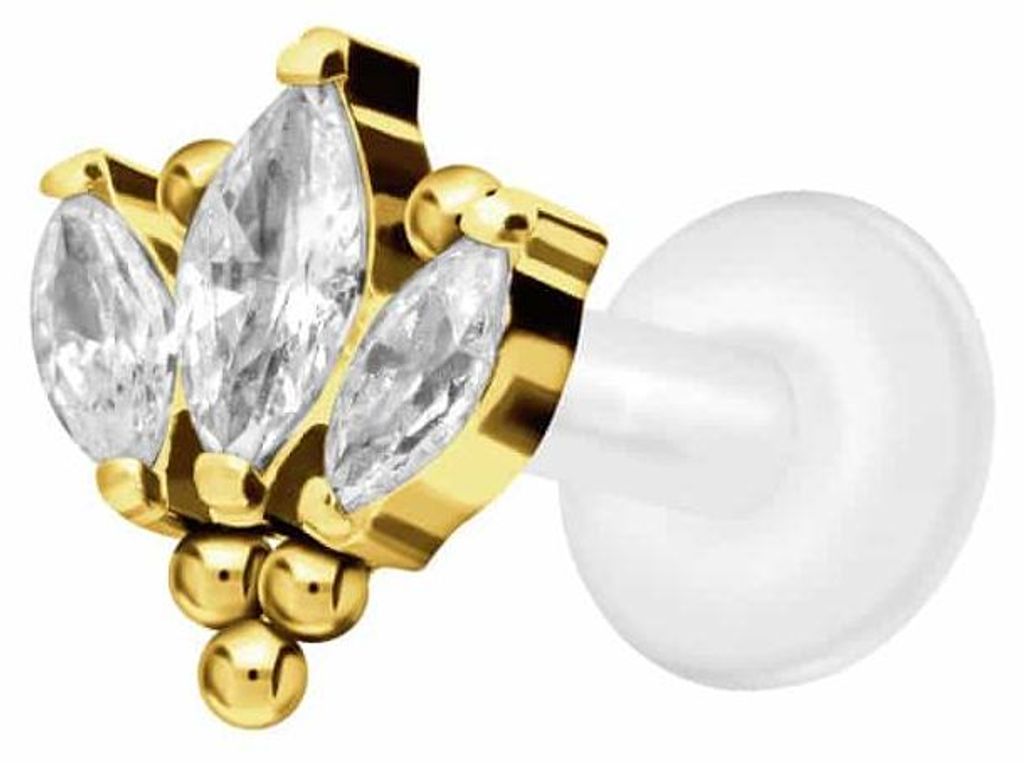 Ohrpiercing, Nasenpiercing PTFE Labret mit Innengewinde + Titan-Aufsatz LOTUSBLÜTE + KUGELN Gold Stablänge: 6mm | Stabstärke: 1,6mm