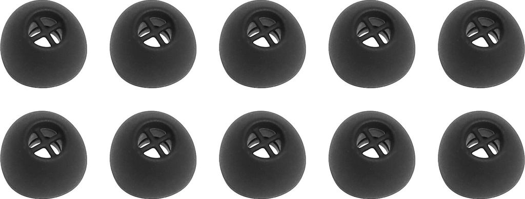 A top-down view of multiple black earbud tips arranged in two rows on a white background.