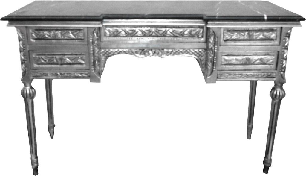 Casa Padrino Barock Konsole Silber mit Marmorplatte und 5 Schubladen 126 x 43 x H79 cm - Konsolentisch Sekretär - Möbel
