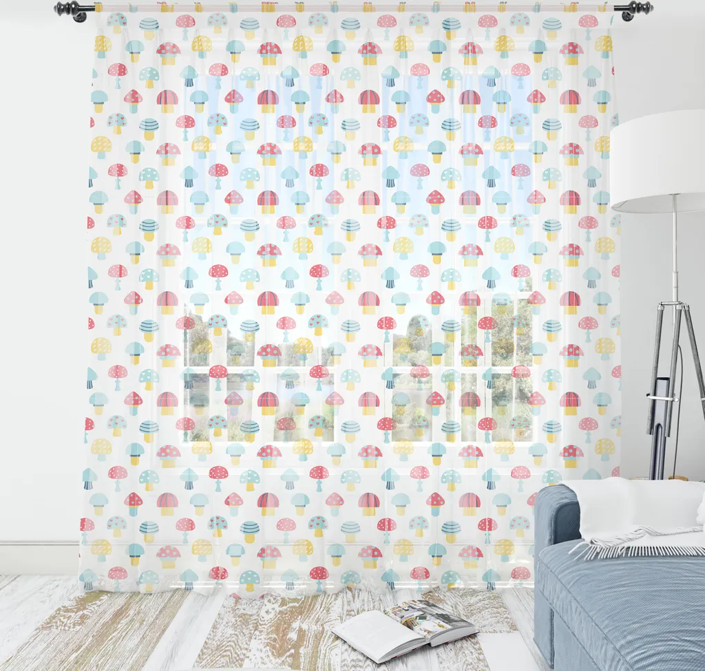 ABAKUHAUS Arazzo con funghi, Illustrazione ripetitiva di funghi autunnali della foresta, Arazzo in raso setoso per soggiorno e camera da letto, 220 cm x 274 cm, senape, corallo scuro e blu