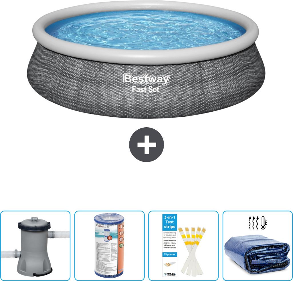 Bestway runder aufblasbarer Fast-Set-Pool – Rattan-Druck – 457 x 84 cm – inklusive Pumpe Filter - Teststreifen - Sonnensegel