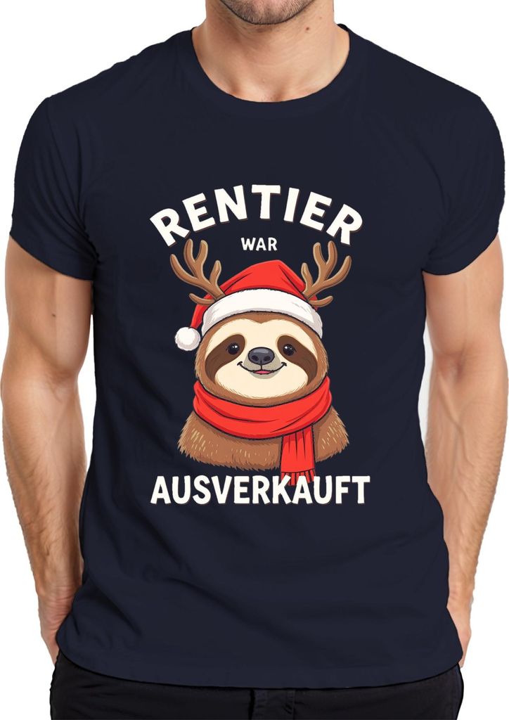 Rentier war t Faultier mit Geweih Weihnachtshut Herren T-Shirt, Navy, M
