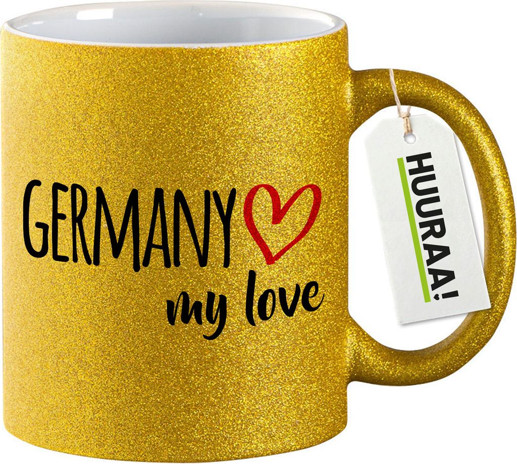 Huuraa Glitzertasse Germany my love 330ml Gold Keramik Kaffeebecher Geschenkidee