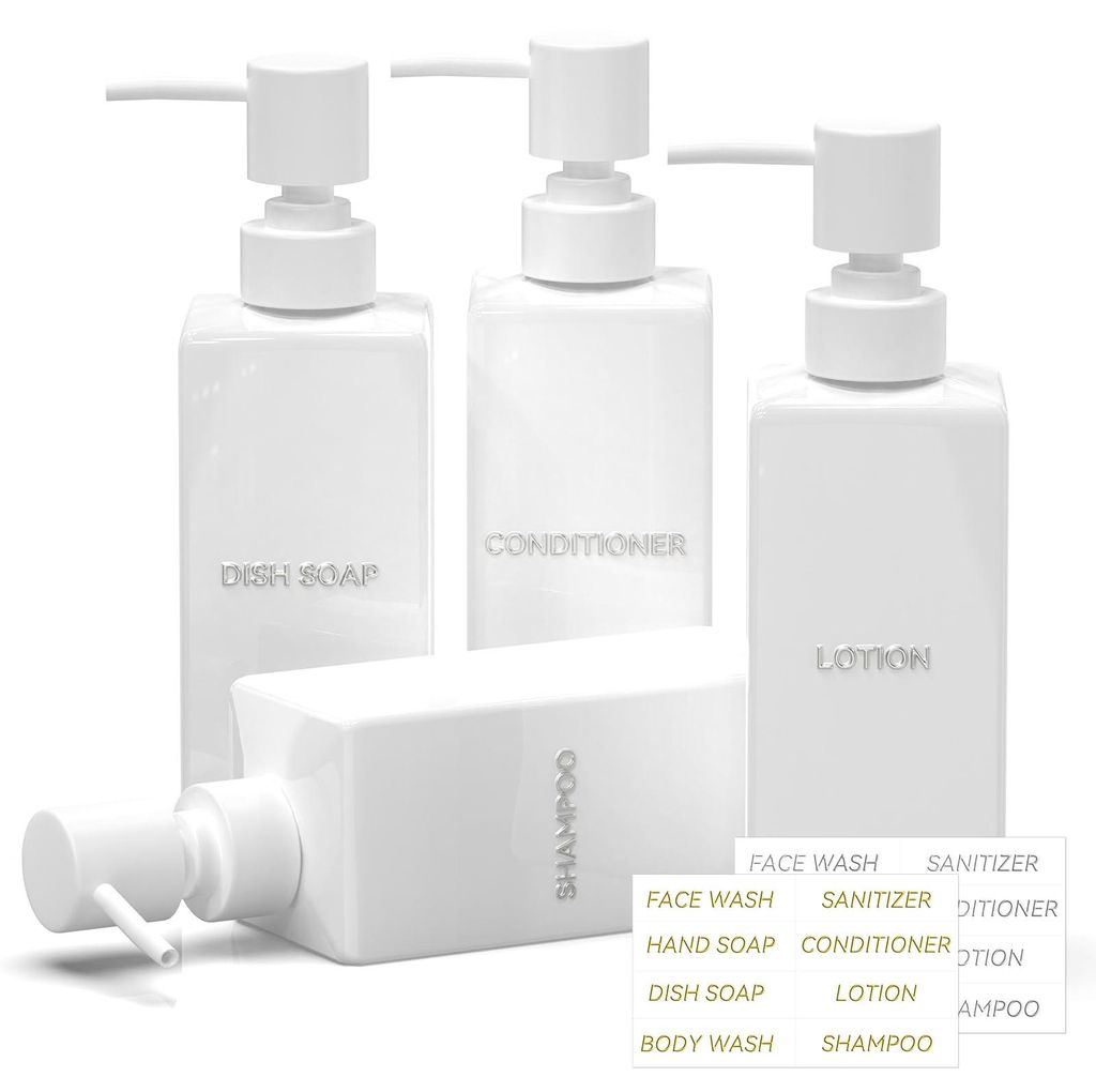 Seifenspender-Set aus Glas, 4-teilig, 350 ml, weiß, für Küche und Bad, moderne Spülmittelspender, nachfüllbare Shampooflaschen mit Kunststoffp...