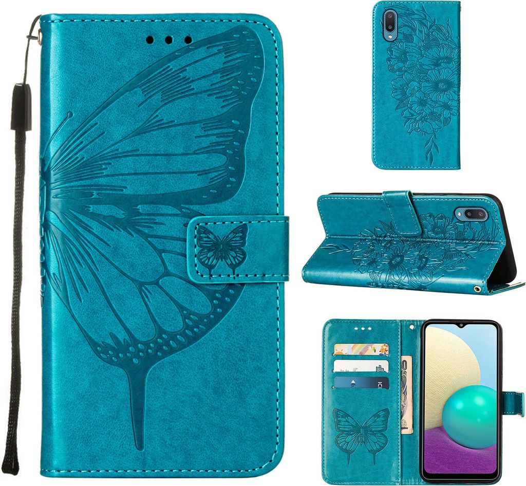 Galaxy A02 Hülle, Schmetterling Prägung Flip Leder Kartenfächer Schutzhülle Ledertasche mit Ständer für Samsung Galaxy A02 / M02 Blau