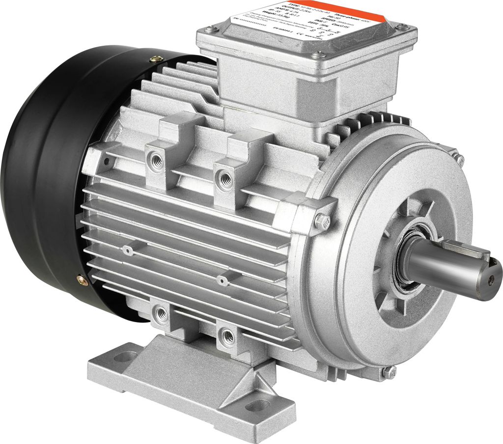 A silver electric motor with a black fan cover and a gray junction box is shown on a white background.