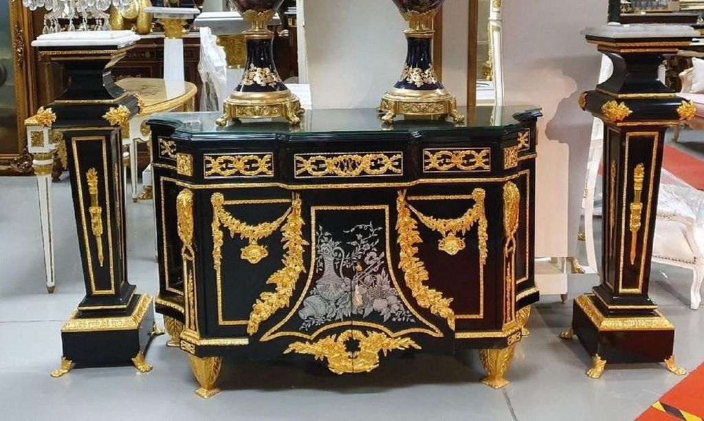 Casa Padrino Luxus Barock Möbel Set Schwarz / Gold - 1 Barock Kommode und 2 Barock Säulen - Prunkvolle Barock Möbel