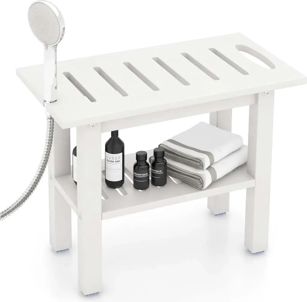 Siège de douche étanche 150kg avec étagère de rangement basse - Blanc