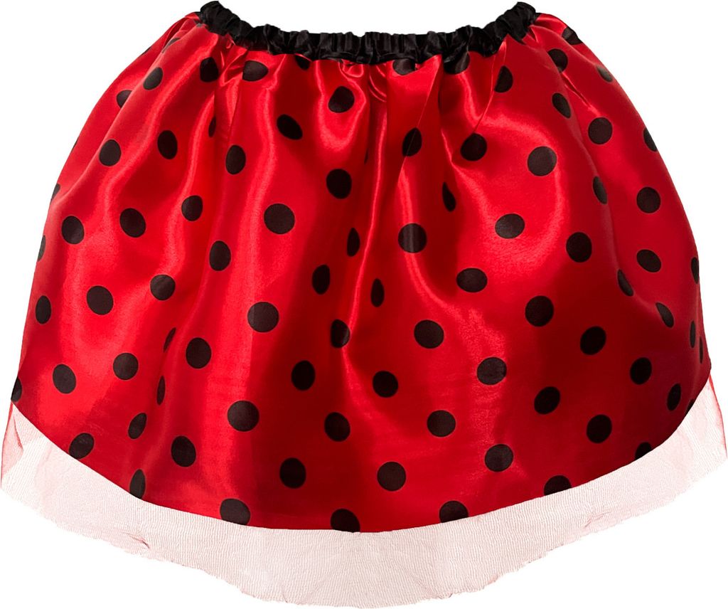 A red and black polka dot tutu skirt with a white trim at the bottom.